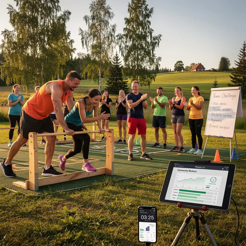 Treniņu zāle ar modernām iekārtām un laimīgiem apmeklētājiem.